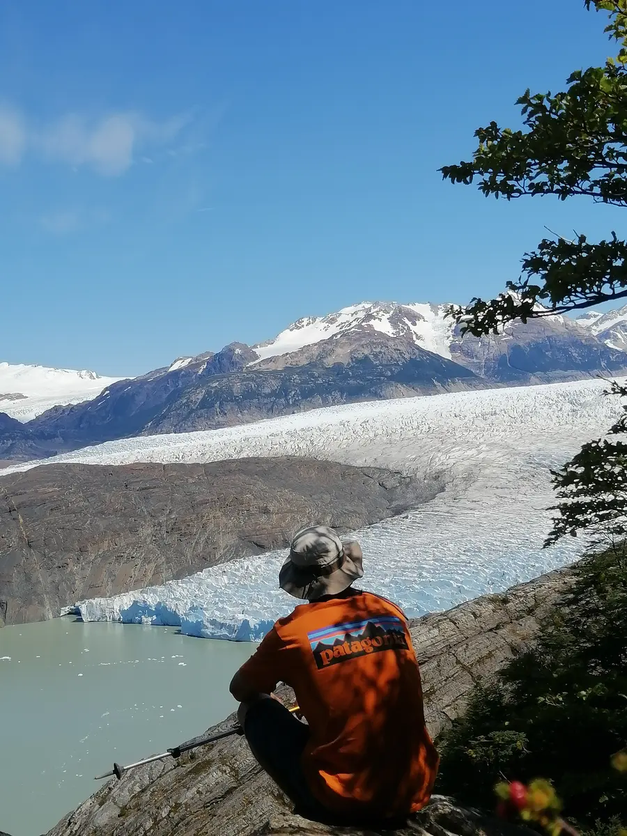 Excursionista contemplando el Glaciar Grey desde un mirador